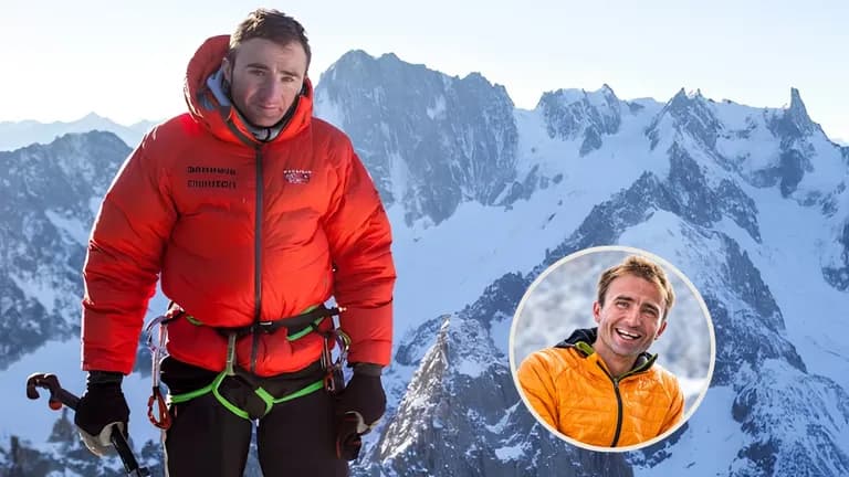 Ueli Steck in a red climbing jacket against snow-covered Alpine peaks, with an inset portrait